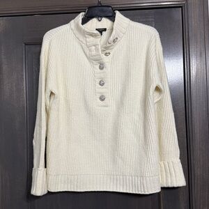 Talbots Jewel Button Henley Pullover Sweater Cream Ribbed Wool Blend petite M